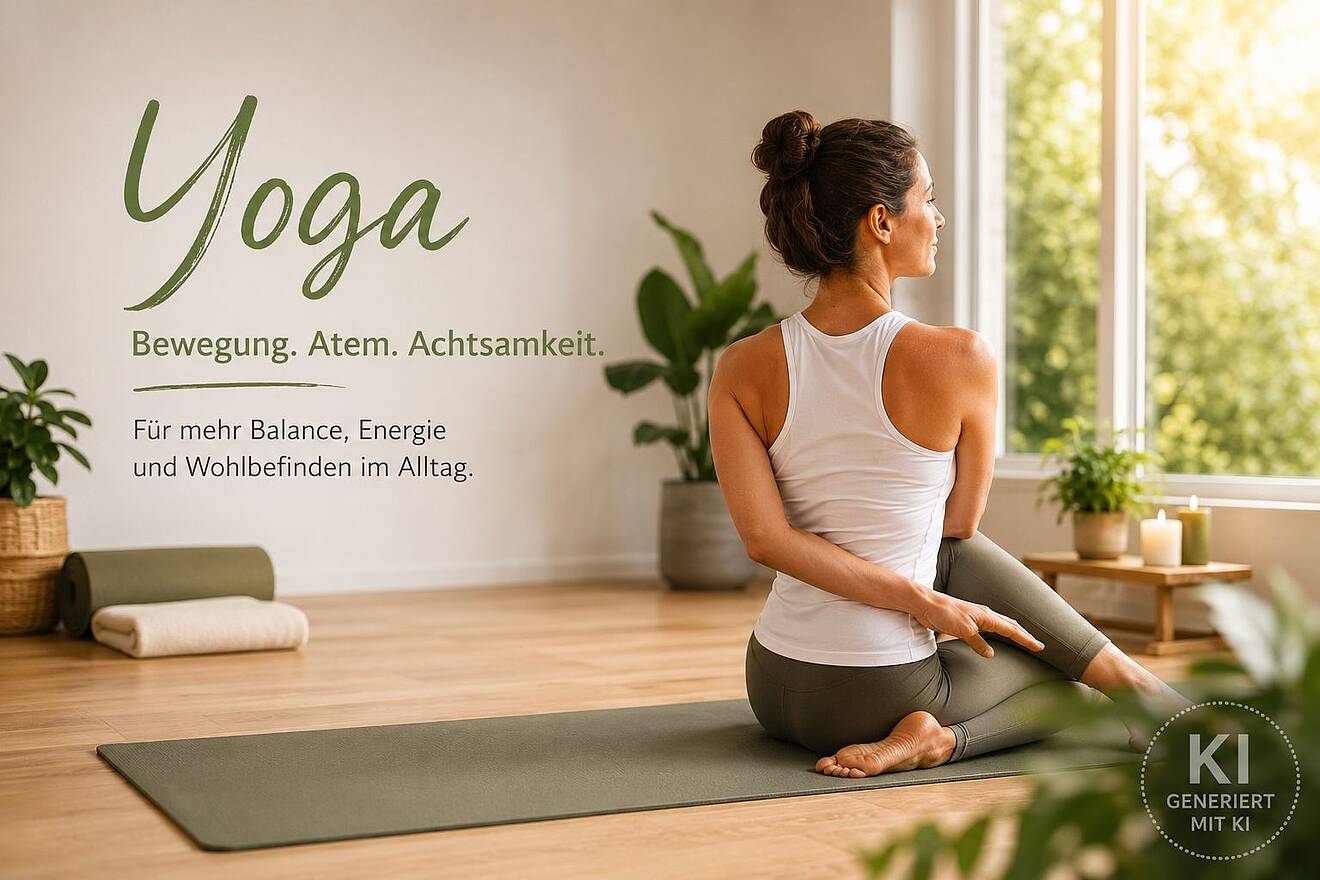 Frau sitzt auf Yogamatte mit Rücken zum Betrachter und dreht und dehnt sich zur Seite.