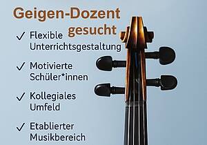 Geigendozentin gesucht. Es ist der Kopf einer Geige zu sehen