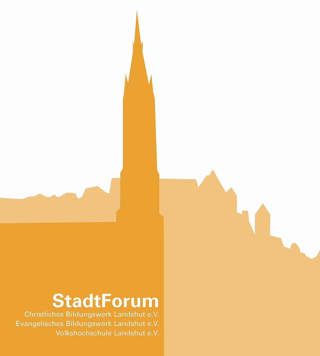 Logo des StadtForums Landshut. eine orangene Sihlouette von der Kirche St. Martin. Im Hintergrund eine gelbe Silhouette vom Hofberg mit Burg Trausnitz.